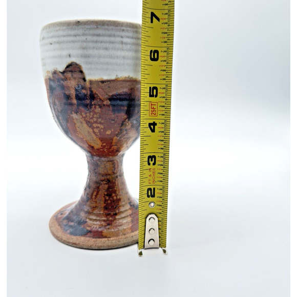 Studio Art Pottery Goblet Chalice Cup Textured Brown Black Stoneware Signed #1 - Picture 10 of 11